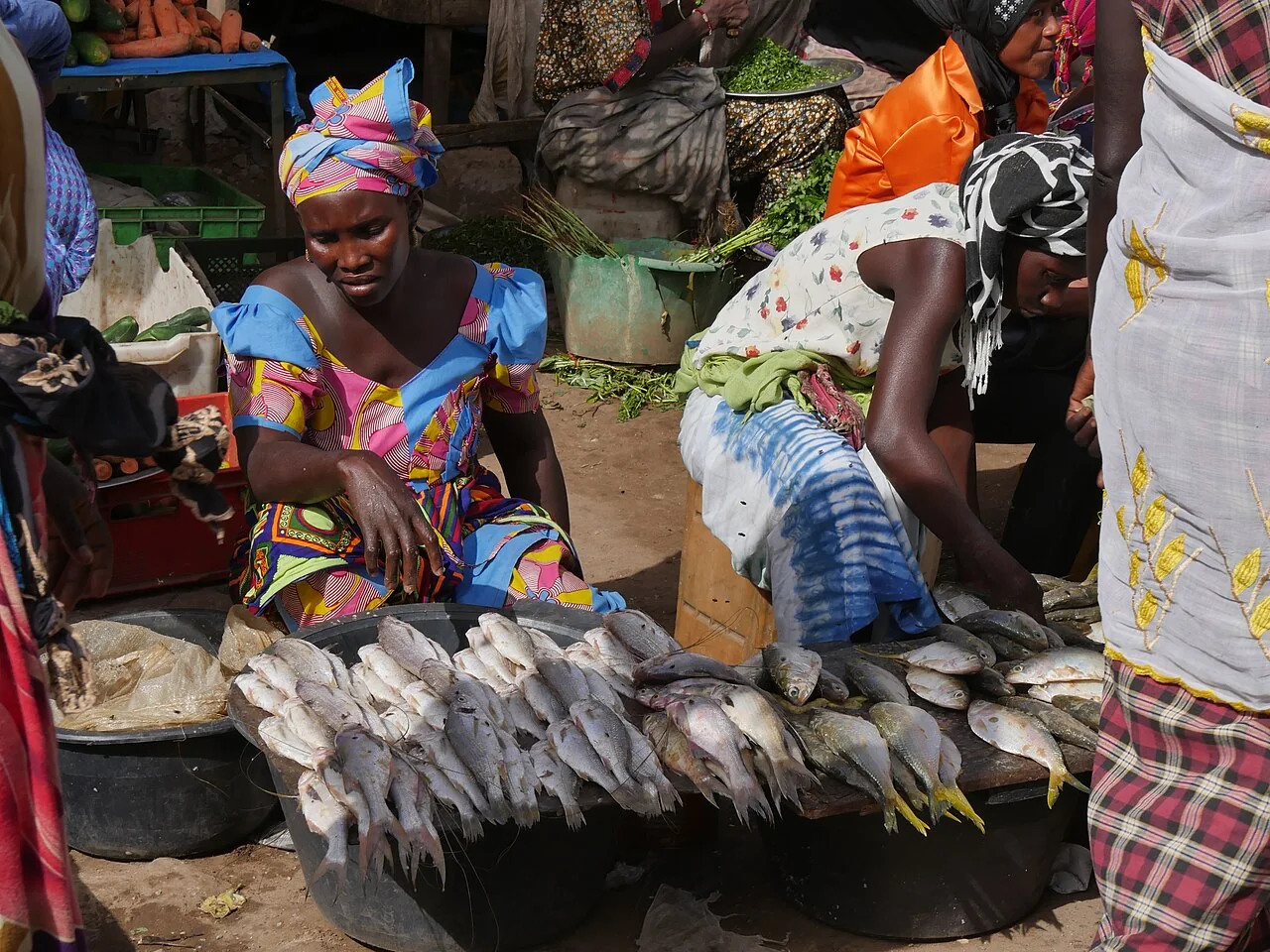 Women selling fish at a stall in Serekunda Market