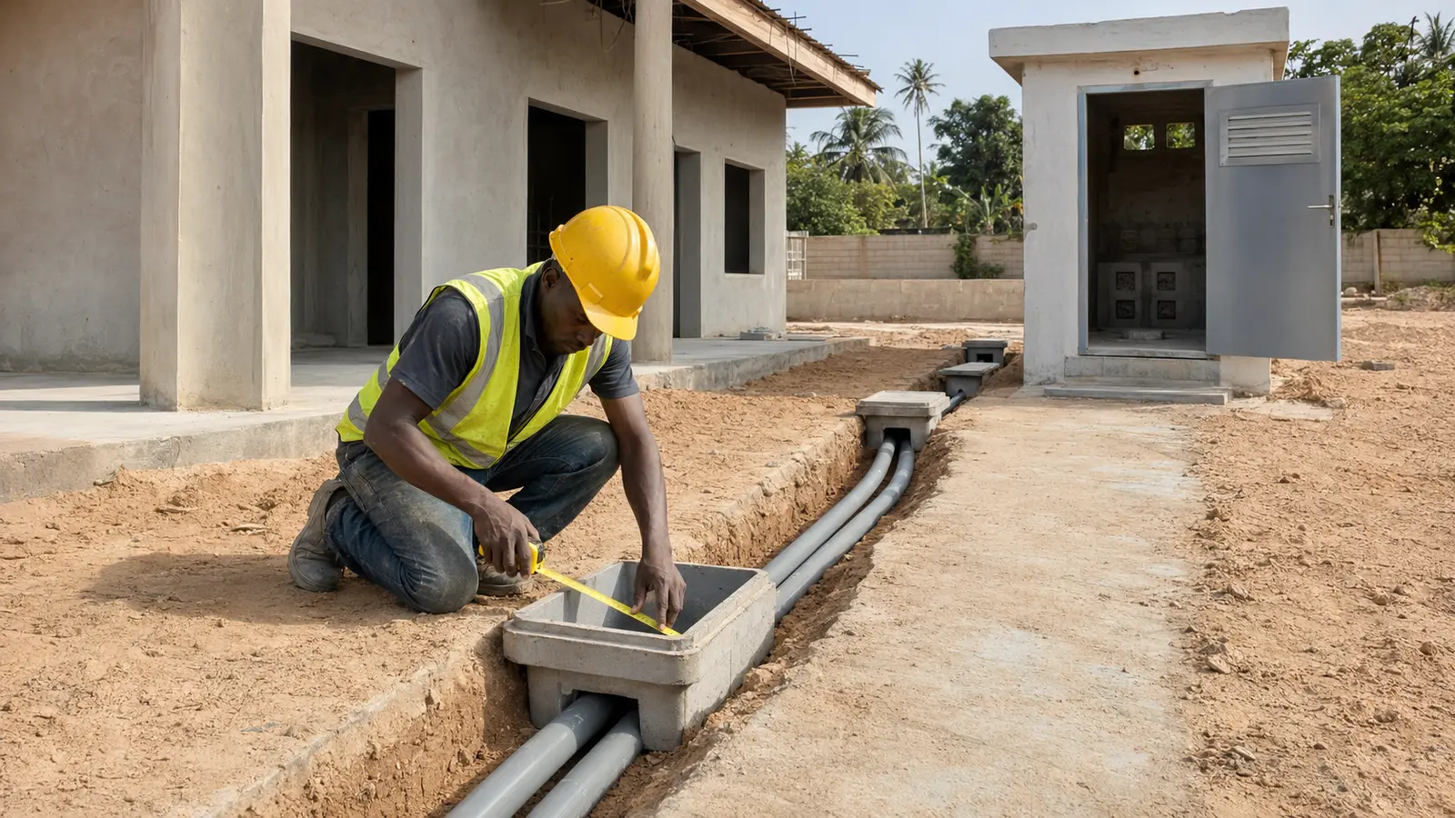 Two telecom conduits and pull boxes being installed during construction in The Gambia